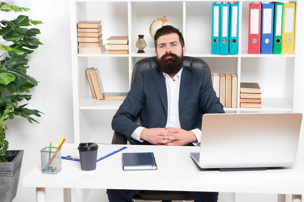 How can i help you. Man bearded hipster boss sit in leather armchair office interior. Boss at workplace. Manager formal clothing corporate style working. Business people concept. Busy boss in office - Photo, image