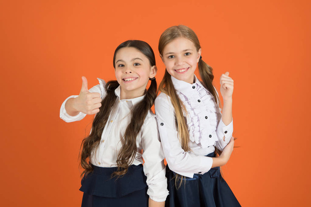 Thumbs ups for the new style. Stylish girls in pigtails dressed for school. Little girls wearing school uniform. School children with a fashion forward look. Cute schoolgirls. Back to school fashion - Valokuva, kuva