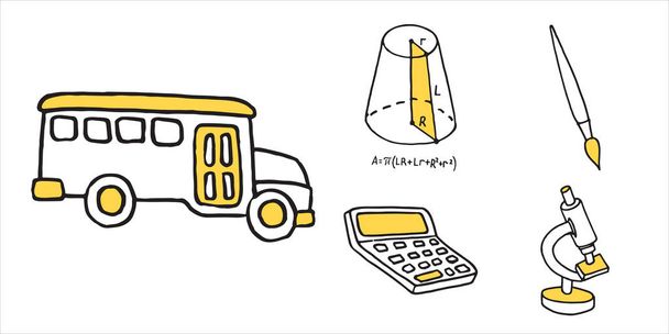 Conjunto de escola ônibus equipamentos doodle ícones
 - Vetor, Imagem
