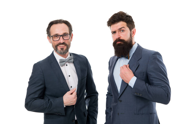 Business conference formal event. Businessman fashionable outfit isolated white. Business partners experienced colleagues. Men bearded wear suits. We going teach you all about business. Expert tips - 写真・画像