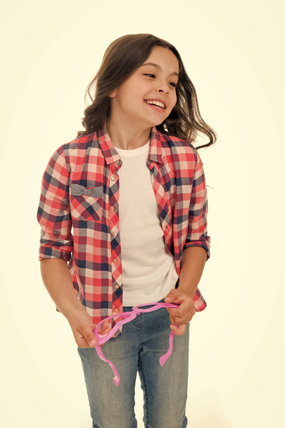 kid fashion. fashion for kid. happy kid isolated on white. fashion model child. fashion kid in checkered shirt - Photo, Image