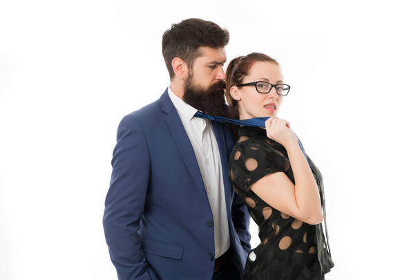 Seductive secretary. Business partners man with beard and woman flirting business conference or meeting. Boss and attractive lady assistant white background. Business relations. Flirting with boss - Photo, Image