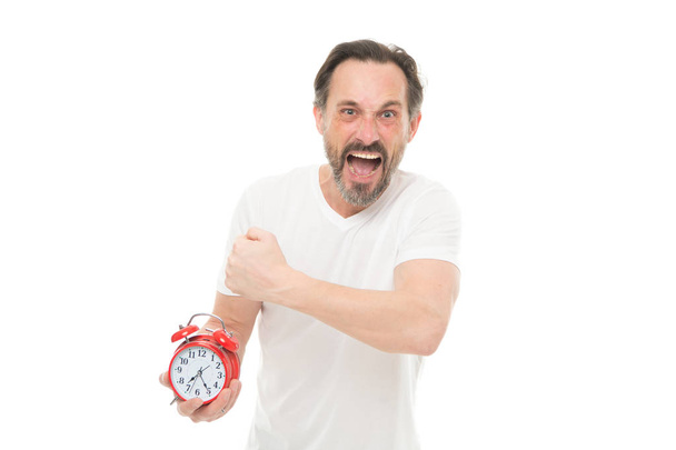 Suffer from regime. Man hold alarm clock in hand. Guy bearded mature man worry about time left. Time management and discipline. Punctuality and responsibility. Man with clock on white background - Foto, imagen