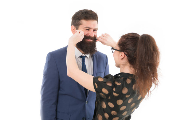 Flirting with boss. Seductive secretary. Business partners man with beard and woman flirting business conference or meeting. Boss and attractive lady assistant white background. Business relations - Foto, afbeelding