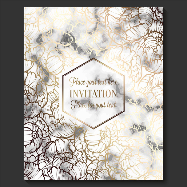 Розкішні та елегантні весільні запрошення з мармуровою текстурою та золотим геометричним шаблоном для тексту. Сучасне весілля запрошення прикрашене візерунком з квітів півонії
 - Вектор, зображення