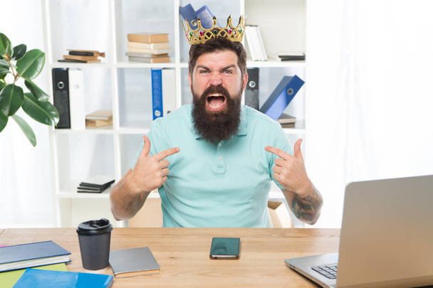 Respect me. Man arrogant rude boss with golden crown sit in office. Superiority and self confidence. King of office. Serious boss at work place. Aggressive boss shouting at you. Fired concept - Photo, Image