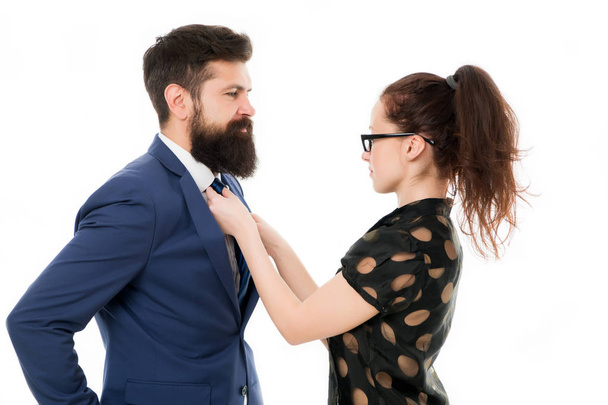 woman fix her man bowtie. formal business couple. business with personal assistant. elegant sexy woman fixing her lovers bowtie. Preparation for party. corporate party in office. mr perfection - Φωτογραφία, εικόνα