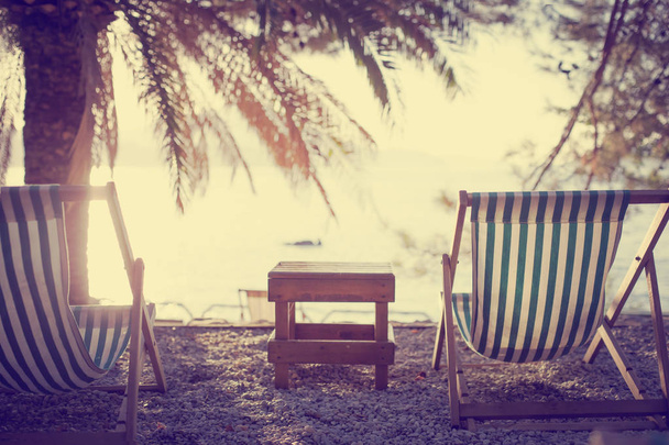 Summer vacation background with beach chairs on resort shore under palm tree - 写真・画像