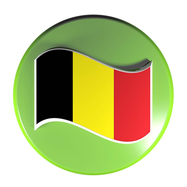 Belçika - 3d render illüstrasyon dalgalanan bir bayrak ile beyaz arka plan üzerinde izole bir yeşil daire basma düğmesi - Fotoğraf, Görsel