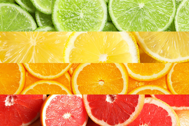 Collage of different ripe citrus fruits as background, closeup - Photo, Image