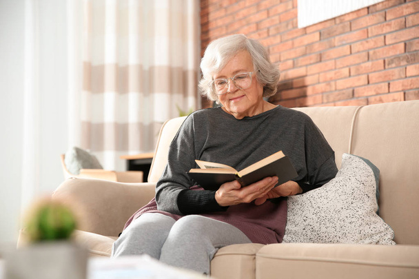 Elderly woman reading book on sofa in living room - 写真・画像