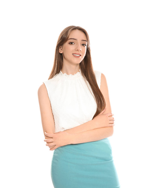 Portrait of beautiful young woman on white background - Zdjęcie, obraz