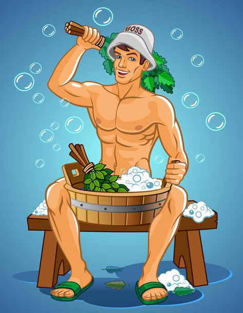 Vector illustration of man sitting in a steam bath - Vector, Image