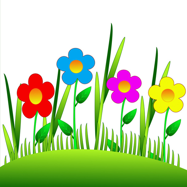 bright drawn flowers on a green lawn, illustration - Photo, image