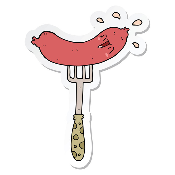 sticker of a cartoon happy sausage on fork - Vector, Image
