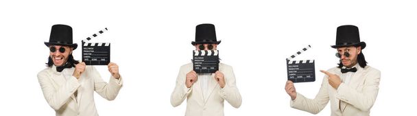 Чоловік тримає дошку для фільмів ізольовано на білому
 - Фото, зображення