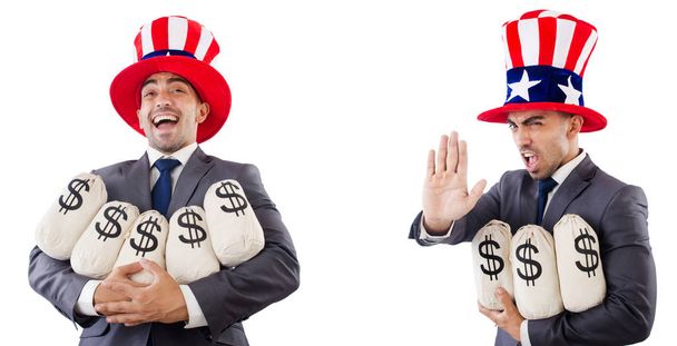 Homem com chapéu americano com sacos de dinheiro
  - Foto, Imagem