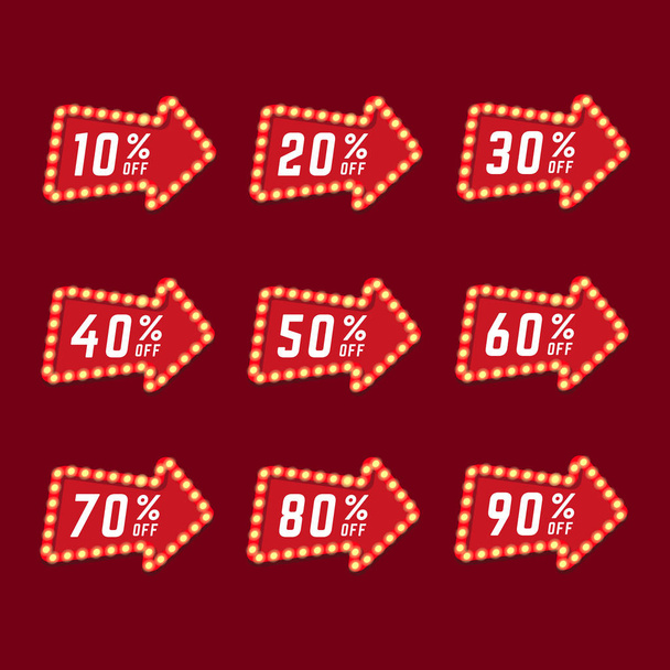 Marcadores de etiquetas de ventas cartelera retro con lámparas brillantes y flecha, porcentaje de venta - 10%, 20%, 30%, 40%, 50%, 60%, 70%, 80% y 90%
. - Vector, imagen