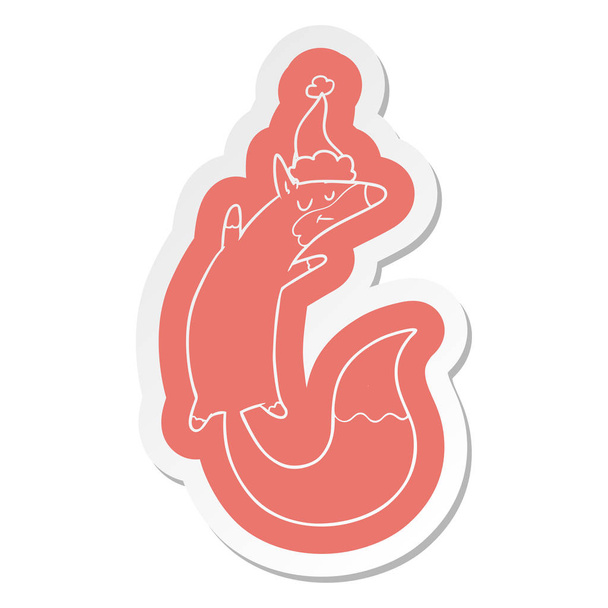 quirky cartoon  sticker of a jumping fox wearing santa hat - Vector, Image