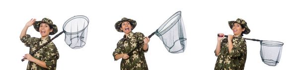 Γυναίκα στην στρατιωτική ενδυμασία με την αλίευση δίχτυ - Φωτογραφία, εικόνα