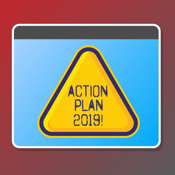 Signo de texto que muestra Plan de Acción 2019. Foto conceptual para hacer lista en año nuevo Objetivos de resolución de año nuevo Metas
. - Foto, imagen