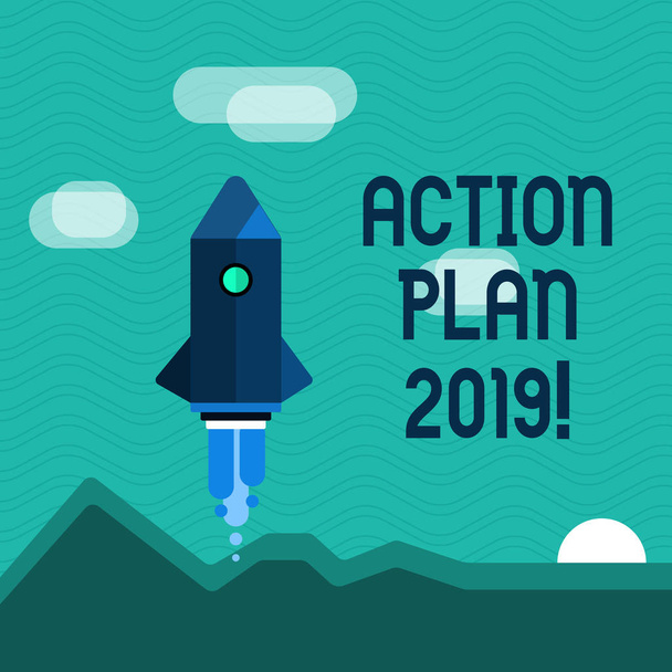 Signo de texto que muestra Plan de Acción 2019. Foto conceptual para hacer lista en año nuevo Objetivos de resolución de año nuevo Metas
. - Foto, Imagen