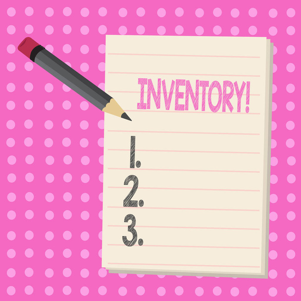 Conceptual hand writing showing Inventory. Business photo text Complete list of items like products goods in stock properties. - Photo, Image