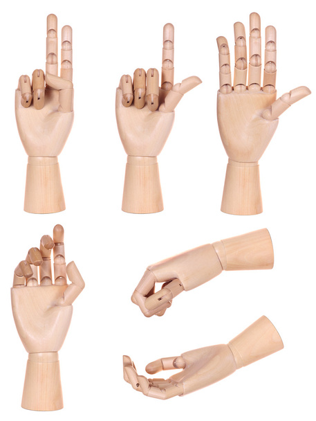 Collection of dummy wooden human hand gesture isolated on white background - 写真・画像