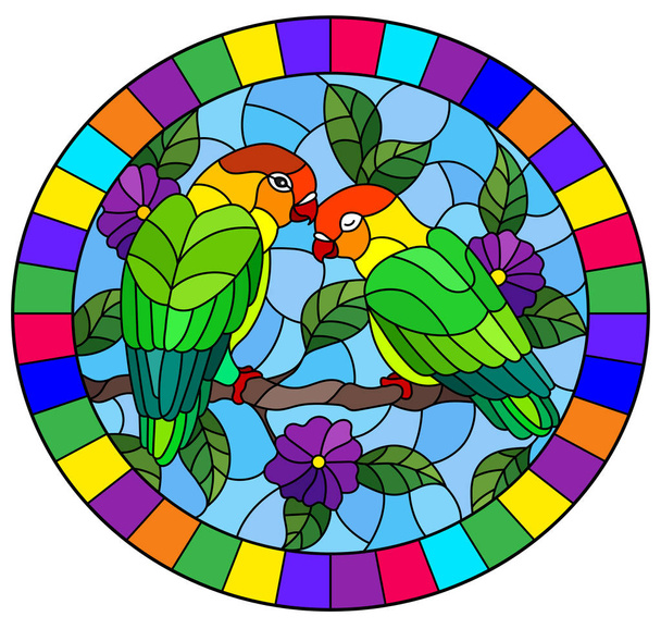 Ilustración en estilo vidriera con par de pájaros loros tortolitos en rama árbol con flores púrpura contra el cielo, imagen ovalada en marco brillante
 - Vector, imagen