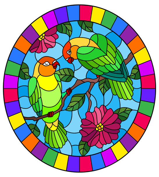 Ilustración en estilo vitral con par de pájaros loros tortolitos en árbol de ramas con flores rosadas contra el cielo, imagen ovalada en marco brillante
 - Vector, imagen