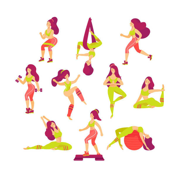 Set of girls doing different kinds of fitness activity. Vector i - Vector, Image