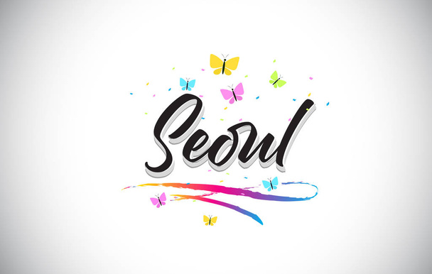 Seoul Handwritten Vector Word Text with Butterflies and Colorful - ベクター画像