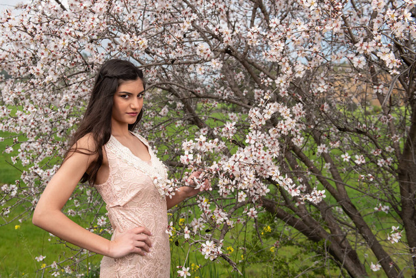 Attractive young beautiful lady,  enjoying spring plum blossom f - Photo, Image