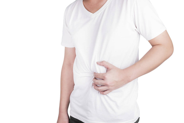 Азиатские юноши страдают от язвы желудка. гастрит, вызванный инфекцией H. pylori бактерий здравоохранения и проблемы со здоровьем концепция изолированы на белом фоне, обрезка пути
 - Фото, изображение