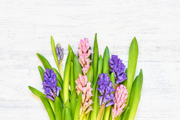 Hyacinth flowers bouquet on white wooden background. Top view, copy space. - Photo, Image