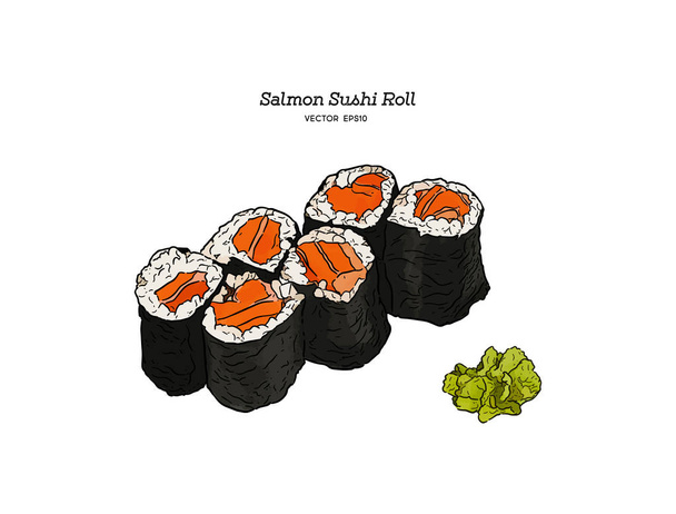 salmon sushi roll, hand draw vector. - Vektor, Bild