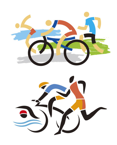 Triatlón Carrera, corredor, ciclista, nadador simbol.Two diferentes ilustraciones estilizadas de tres atletas de triatlón. Aislado sobre fondo blanco. Vector disponible
 - Vector, Imagen