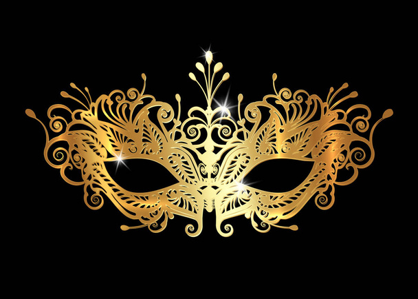 Golden Venetian mask realistic with laser cut gold embroidery. Stylish Masquerade Party. Mardi Gras card invitation. Night Party Poster. Dance Flyer. Musical festival banner templates. Vector isolated - Vector, Image