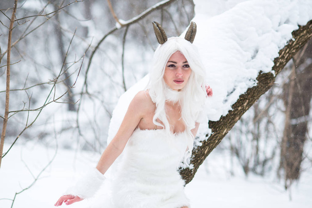 冬の雪の中でファンタジー風のコスプレ少女 - 写真・画像