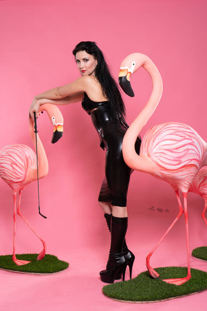 lovely fetish woman in bdsm clothes posing on pink background with flamingo birds - Photo, Image