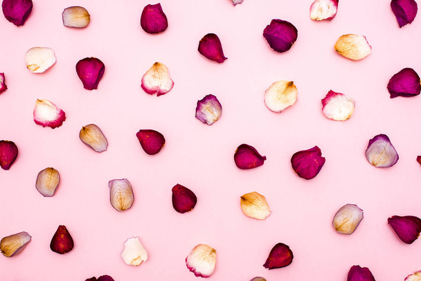 Rozenblaadjes op roze achtergrond - Foto, afbeelding
