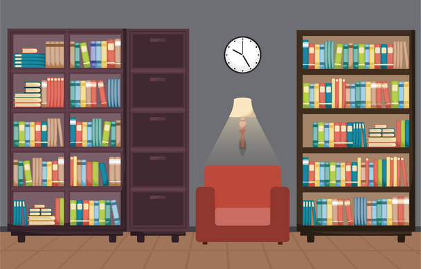 Library Room Interior Stack of Book on Bookshelf Flat Design - Vector, Image