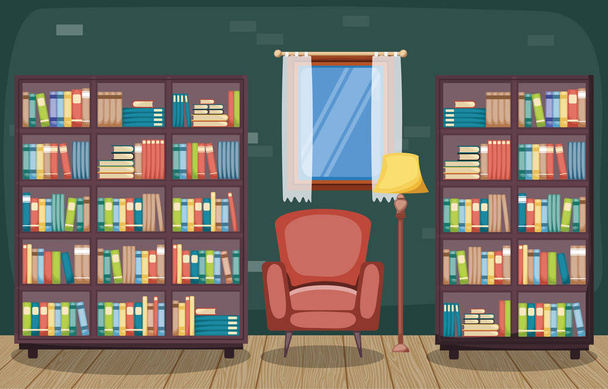 Бібліотечна кімната Інтер'єр Стек книги на книжковій полиці Плоский дизайн
 - Вектор, зображення
