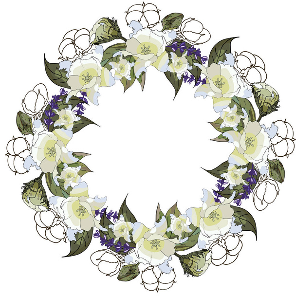 Cotton and lavender flower frame with floral elements. Endless brush and bunch - ベクター画像