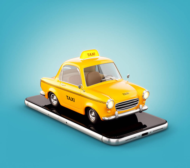 Smartphone application of taxi service for online searching calling and booking a cab. Unusual 3D illustration of taxi cab on smart phone. - Φωτογραφία, εικόνα