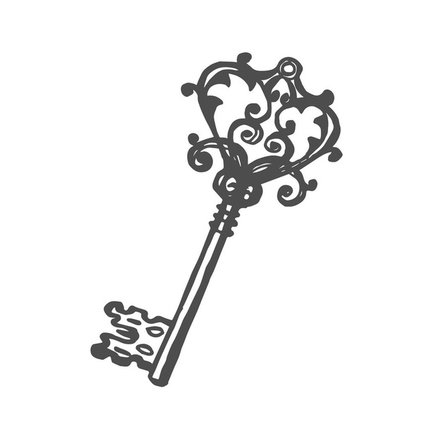 hand drawn sketchy monochrome icon image of vintage retro key vector illustration in white background - Vector, imagen