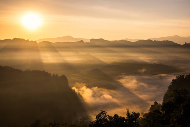 Paesaggio panoramico luce del sole splendere sulla collina nebbiosa
 - Foto, immagini