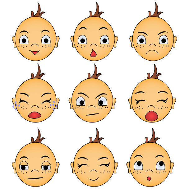 Set of face a child expressing different emotions: laughter, joy, tears, surprise, yawning, crying, sleeping.  Funny cartoon, vector character. Can be used as emoji. Face isolated on white background. - Vector, Image