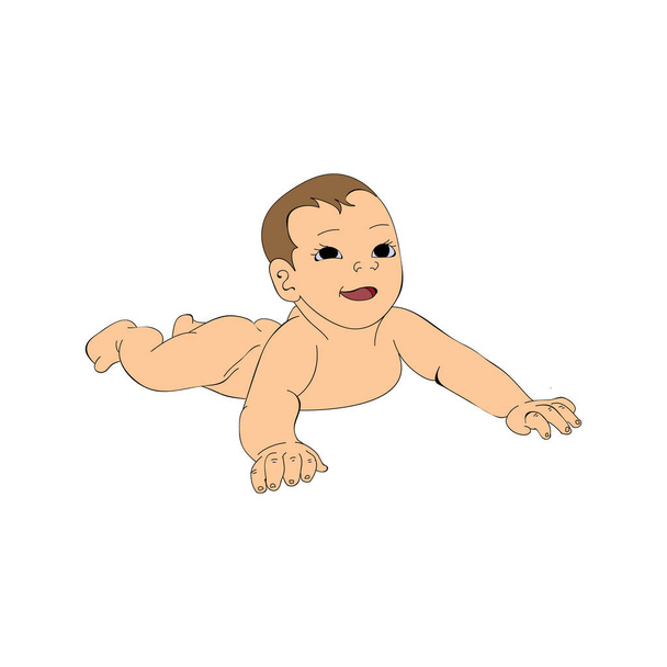 白い背景の上の赤ちゃんのイラスト。0-12 ヶ月。最初の年の活動。赤ちゃんは、お腹の上に横たわっています。ベクトル図 - ベクター画像