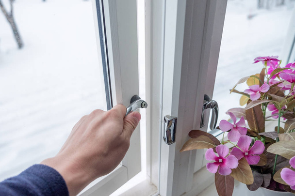 Χέρι Άνοιγμα παράθυρο με διακοσμητικά λουλούδια - Φωτογραφία, εικόνα
